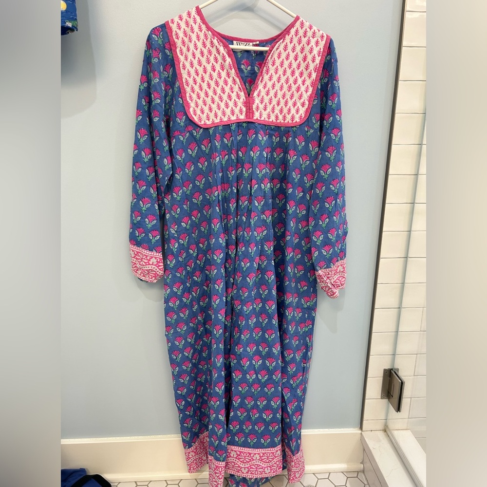 SZ blockprint Blue and Pink long sleeve maxi tunic Dress